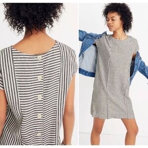 Madewell Stripe Play Button-Back Tee Mini Linen Dress Black White Stripe Size S